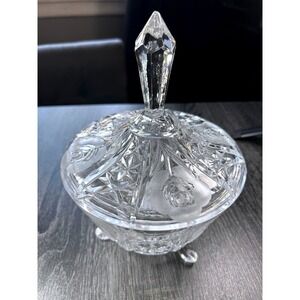 Vintage Pressed Glass Footed Covered Candy Dish Rose & Starburst Panels